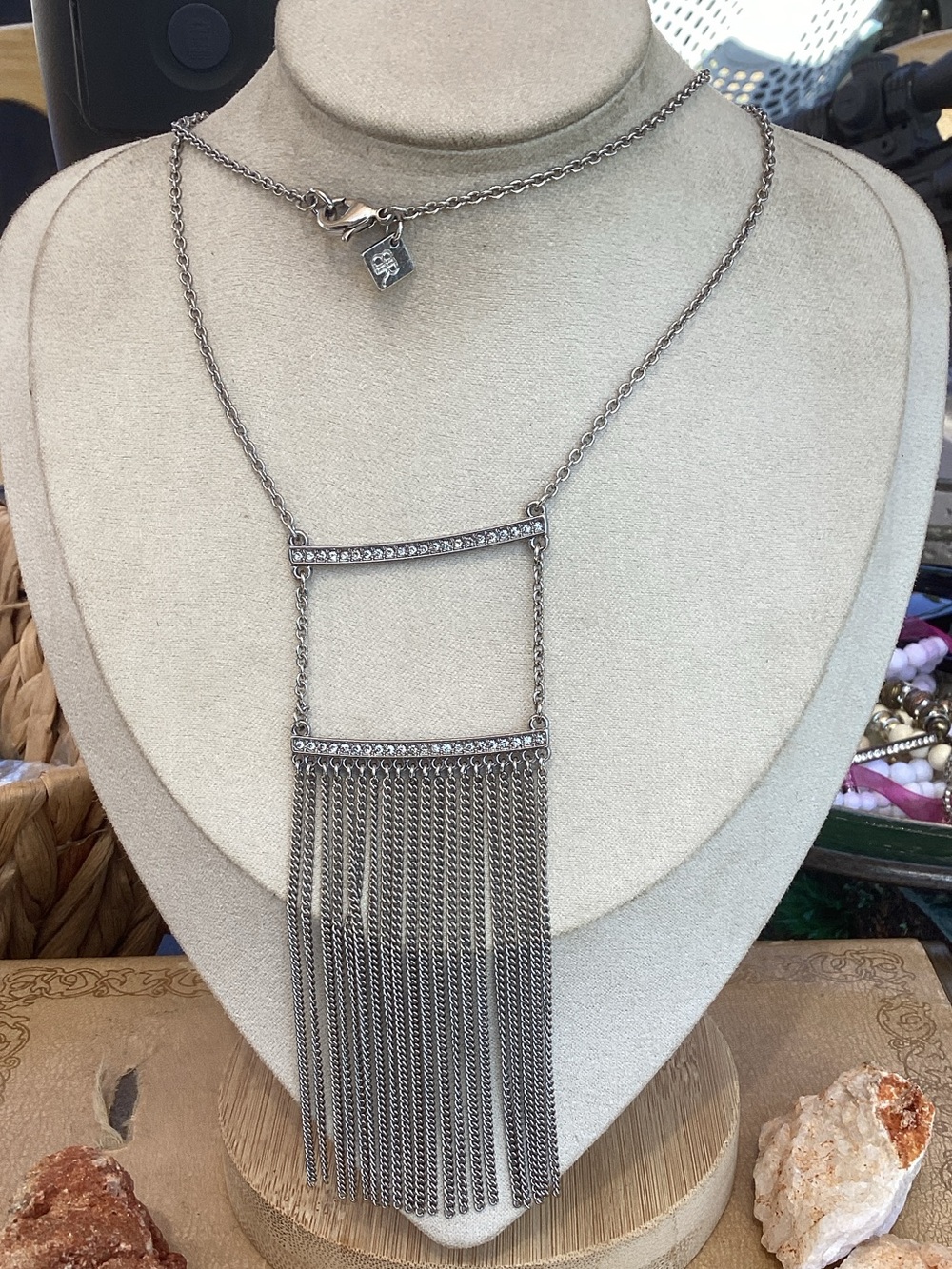 Banana Republic Gunmetal Fringe Square Pendant Necklace